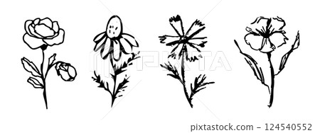 Summer abstract wild flowers, crayon ink drawing, chalk textured floral hand drawn. Charcoal sketch, trendy minimal tattoo Summer abstract wild flowers, crayon ink drawing, chalk textured floral hand drawn. Charcoal sketch, trendy minimal tattoo 124540552