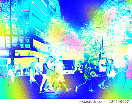 A group of people crossing a street in the city. Neon colours, thermography. Crowd on a crosswalk in the urban scene. Pedestrians. Modern lifestyle. A group of people crossing a street in the city. Neon colours, thermography. Crowd on a crosswalk in the urban scene. Pedestrians. Modern lifestyle. 124540667