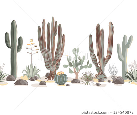 Cactus and succulents seamless border. Giant cardon, Saguaro cactus and agaves seamless pattern. Cacti landscape background, vector illustration Cactus and succulents seamless border. Giant cardon, Saguaro cactus and agaves seamless pattern. Cacti landscape background, vector illustration 124540872