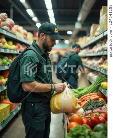 Grocery shopping experience: customers selecting fresh produce in a store aisle 124541188