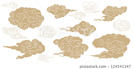 Gold brush stroke texture with Japanese chinses cloud pattern in vintage style. Abstract art landscape banner design 124541347