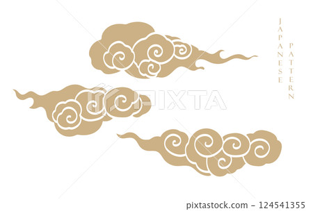 Gold brush stroke texture with Japanese chinses cloud pattern in vintage style. Abstract art landscape banner design with watercolor texture vector. 124541355