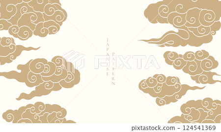 Japanese background with hand drawn line cloud pattern vector. Vintage template with geometric pattern. Frame and border in retro style. 124541369