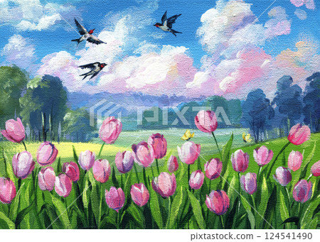 Swallows flying over blooming pink tulip field spring landscape with blue sky, fluffy clouds acrylic painting on canvas Swallows flying over blooming pink tulip field spring landscape with blue sky, fluffy clouds acrylic painting on canvas 124541490