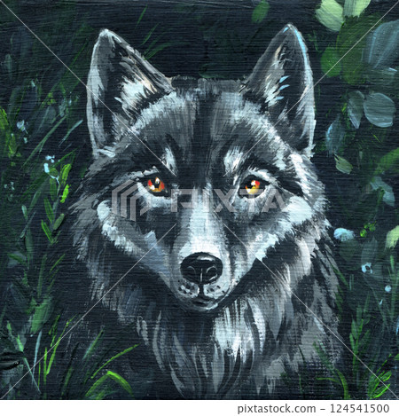 Mysterious Wolf in Forest, Acrylic Painting on canvas. Wild Animal with Golden Eyes Surrounded by Nature and Shadows 124541500