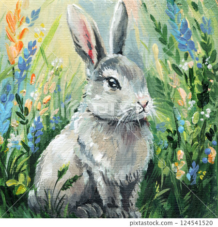 Gray Bunny in Spring Flower Meadow Acrylic Painting on canvas. Peaceful Rabbit Sitting among Wildflowers and Green Grass Gray Bunny in Spring Flower Meadow Acrylic Painting on canvas. Peaceful Rabbit Sitting among Wildflowers and Green Grass 124541520
