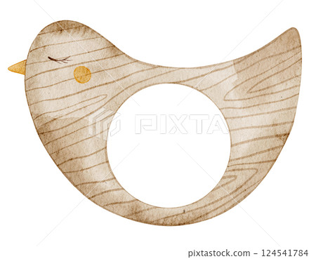 Wooden bird shaped baby Teether. Watercolor illustration of cute childish Rodent. Art of eco kids Toy for newborn party invitations or greeting cards. Element on isolated background for nursery poster 124541784