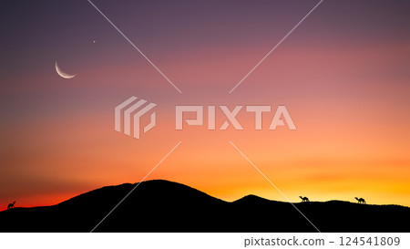 Islam Night Sky Moon Sunset Camel Desert Background Mubaruk Greeting Islam Ramadan Element Masjid Aqsa Hajj Kaaba Umrah Eid Arabian Religion Islamic Muhammad Arab Muslim Namaz Isra Miraj Quran Umrah. 124541809