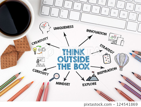 THINK OUTSIDE THE BOX Concept. Chart with keywords and icons. White office desk THINK OUTSIDE THE BOX Concept. Chart with keywords and icons. White office desk 124541869