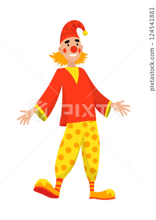 Circus clown. Kids holiday character. Entertainment artist. Jester performer, shapito circus show entertainers in funny costume, wig, makeup and red nose. Performers artist in classic outfit Circus clown. Kids holiday character. Entertainment artist. Jester performer, shapito circus show entertainers in funny costume, wig, makeup and red nose. Performers artist in classic outfit 124541881