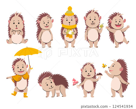 Lovely hedgehogs. Cute funny wild forest animals. Prickly cartoon character in various poses. Vector isolated illustration 124541934