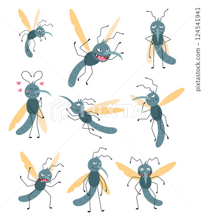 Cartoon mosquitoes, funny characters. Bloodsucker insects, color flat icon. Cute mosquito isolated vector illustration 124541941