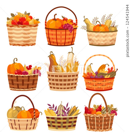 Baskets autumn harvest icon set. Grocery products in eco basket. Fresh organic healthy vegetarian food. Wicker baskets with autumn harvest of fruits and vegetables isolated on white Baskets autumn harvest icon set. Grocery products in eco basket. Fresh organic healthy vegetarian food. Wicker baskets with autumn harvest of fruits and vegetables isolated on white 124541944