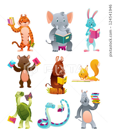 Animals reading books and studying, icon set. Kids characters reading books. Cartoons for school education and library. Vector illustration for children 124541946
