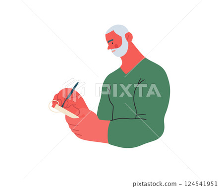 Writing people, modern flat vector concept illustration- standing man thoughtfully writing on notebook. Metaphor for reflection, personal insight, contemplation, creative expression Writing people, modern flat vector concept illustration- standing man thoughtfully writing on notebook. Metaphor for reflection, personal insight, contemplation, creative expression 124541951