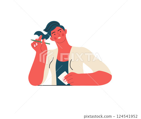 Writing people, modern flat vector concept illustration- sitting woman thoughtfully writing on paper. Metaphor for reflection, personal insight, contemplation, creative expression 124541952