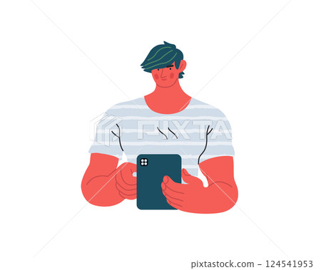 Writing people, modern flat vector concept illustration- standing man thoughtfully writing on tablet. Metaphor for reflection, personal insight, contemplation, creative expression 124541953