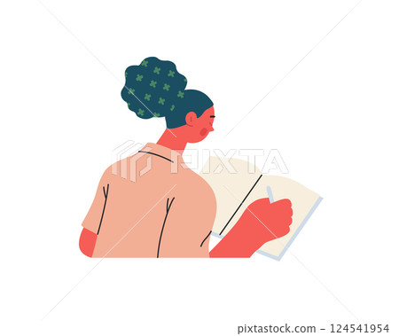 Writing people, modern flat vector concept illustration- sitting woman thoughtfully writing on notebook. Metaphor for reflection, personal insight, contemplation, creative expression 124541954