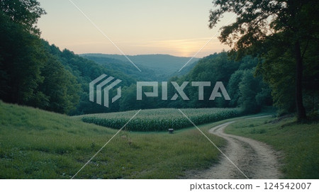 Golden kernels peak from green cornfield leaves as the sun sets, creating long shadows over a country road lined with fence posts 124542007