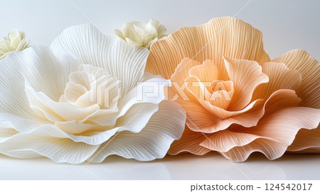 Silk petals of white flowers float gracefully in the wind, showcasing intricate ruffles and soft pastel colors in a light-filled setting 124542017