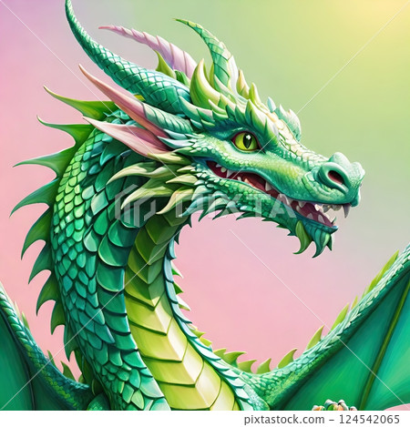 The image of a cartoon dragon with a castle in the background on a sunny day. 124542065