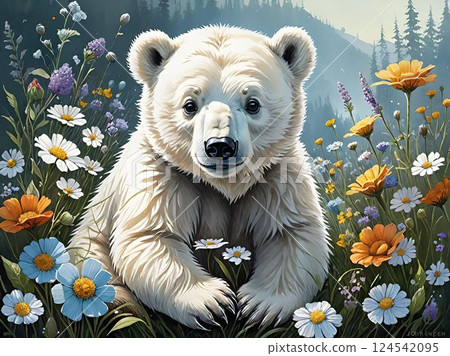 Cute Polar Bear Amidst Colorful Wildflowers 124542095