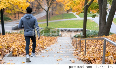 Feet in jeans and shoes traverse wooden stairs amidst autumn foliage in a serene park, enjoying a daytime walk in nature 124542179