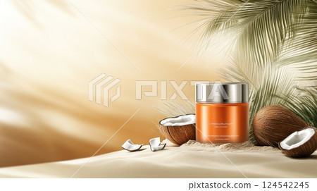 Bright orange skincare jar surrounded by coconuts and palm leaves, basking in warm sunlight on golden sand, creating an inviting atmosphere Bright orange skincare jar surrounded by coconuts and palm leaves, basking in warm sunlight on golden sand, creating an inviting atmosphere 124542245