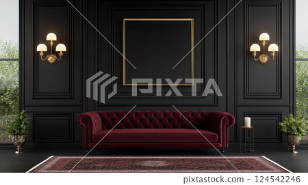 Luxurious setting showcases a dark red sofa against a black wall, illuminated by natural light and classic design elements Luxurious setting showcases a dark red sofa against a black wall, illuminated by natural light and classic design elements 124542246
