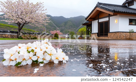 Ancient white walls surround a peaceful courtyard path adorned with blooming pear trees and fallen pink petals in spring rain 124542247