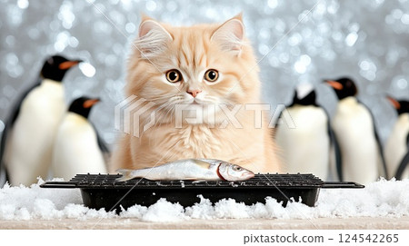 An orange cat manages the grill, cooking fish as curious penguins watch closely in a snowy Antarctic landscape An orange cat manages the grill, cooking fish as curious penguins watch closely in a snowy Antarctic landscape 124542265