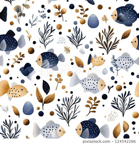 Blue fish swim among sea plants in a seamless pattern, perfect for children's illustrations, showcasing a flat and minimalistic design Blue fish swim among sea plants in a seamless pattern, perfect for children's illustrations, showcasing a flat and minimalistic design 124542266