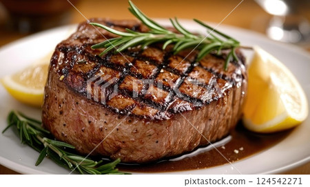A medium-rare filet mignon rests on an elegant plate, drizzled with truffle sauce and garnished with fresh rosemary for a refined touch 124542271