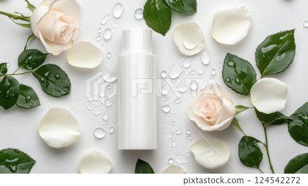 White body lotion mockup floats on water with delicate rose petals and leaves, creating a serene and elegant atmosphere 124542272