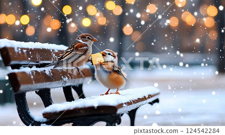 A cute bird and mouse share a piece of cheese amidst colorful autumn leaves, creating a delightful moment in nature 124542284