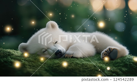A baby polar bear rests quietly on moss, surrounded by fireflies, creating a tranquil atmosphere in the moonlit forest 124542289