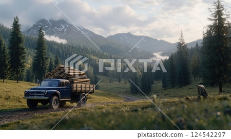 An open truck bed carries cut trees and a large stack of planks wrapped in orange tape while driving through a misty forest An open truck bed carries cut trees and a large stack of planks wrapped in orange tape while driving through a misty forest 124542297