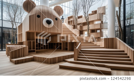 Children explore a charming wooden bear play structure featuring stairs, perfect for imaginative outdoor play surrounded by trees 124542298