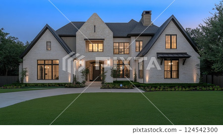 Stunning luxury home features large windows and an inviting atmosphere, glowing warm lights create elegance against the twilight backdrop 124542300