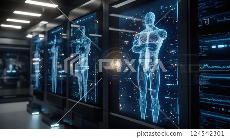 A medical lab features holograms of the human body surrounded by cutting-edge equipment and blue ambient light A medical lab features holograms of the human body surrounded by cutting-edge equipment and blue ambient light 124542301