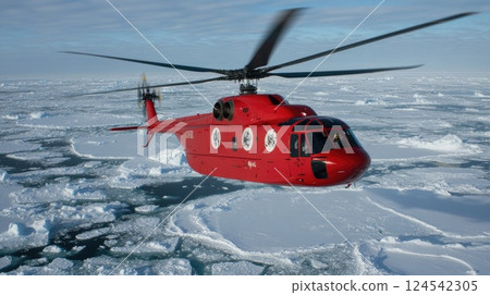 A striking red helicopter hovers above a frozen landscape, surrounded by stunning mountains under a clear blue sky A striking red helicopter hovers above a frozen landscape, surrounded by stunning mountains under a clear blue sky 124542305