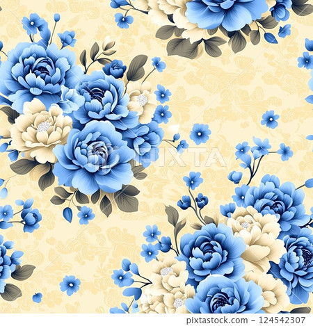 Enjoy a detailed floral pattern with blue and yellow flowers set against a rich mustard background, showcasing exquisite craftsmanship SEAMLESS PATTERN Enjoy a detailed floral pattern with blue and yellow flowers set against a rich mustard background, showcasing exquisite craftsmanship SEAMLESS PATTERN 124542307