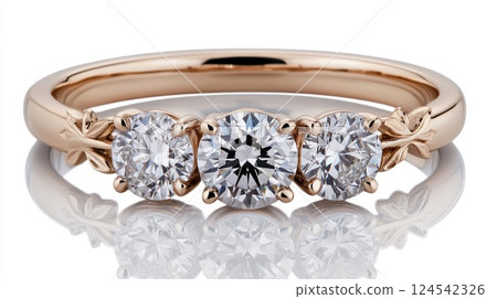 Beautiful three-stone engagement ring featuring round diamonds set in yellow gold with nature-inspired vine design 124542326