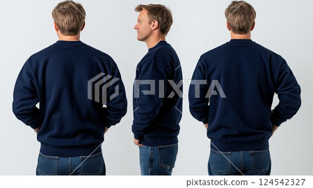 Man displays front and back views in a navy blue long-sleeved T-shirt against a plain gray background with soft lighting 124542327