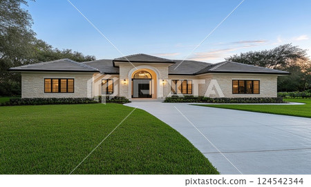 Beautiful residence featuring lush green grass, arched windows, and a welcoming driveway set in a peaceful community Beautiful residence featuring lush green grass, arched windows, and a welcoming driveway set in a peaceful community 124542344