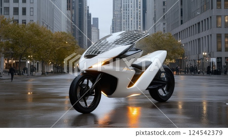 Modern electric tricycle showcases solar panels and sleek design, parked in the city under warm sunrise lighting with a confident driver 124542379