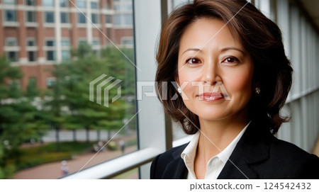 Smiling Asian American woman in professional attire stands by large windows, displaying confidence against a city skyline 124542432