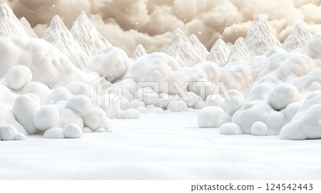 Towering snowy mountains loom in the background, while frost-covered trees create a serene winter landscape 124542443
