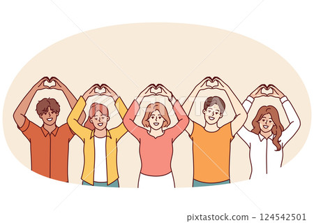 Kind people volunteers making heart shape with fingers and raising hands above heads 124542501