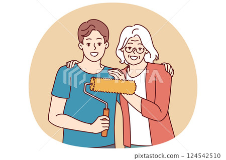 Grandmother hugging grandson doing repairs and using roller to paint walls in apartment Grandmother hugging grandson doing repairs and using roller to paint walls in apartment 124542510